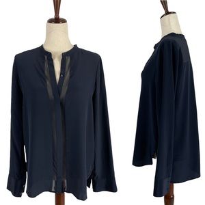 Vince Banded Collar Concealed-Placket Silk Button Front Blouse Navy Size 8